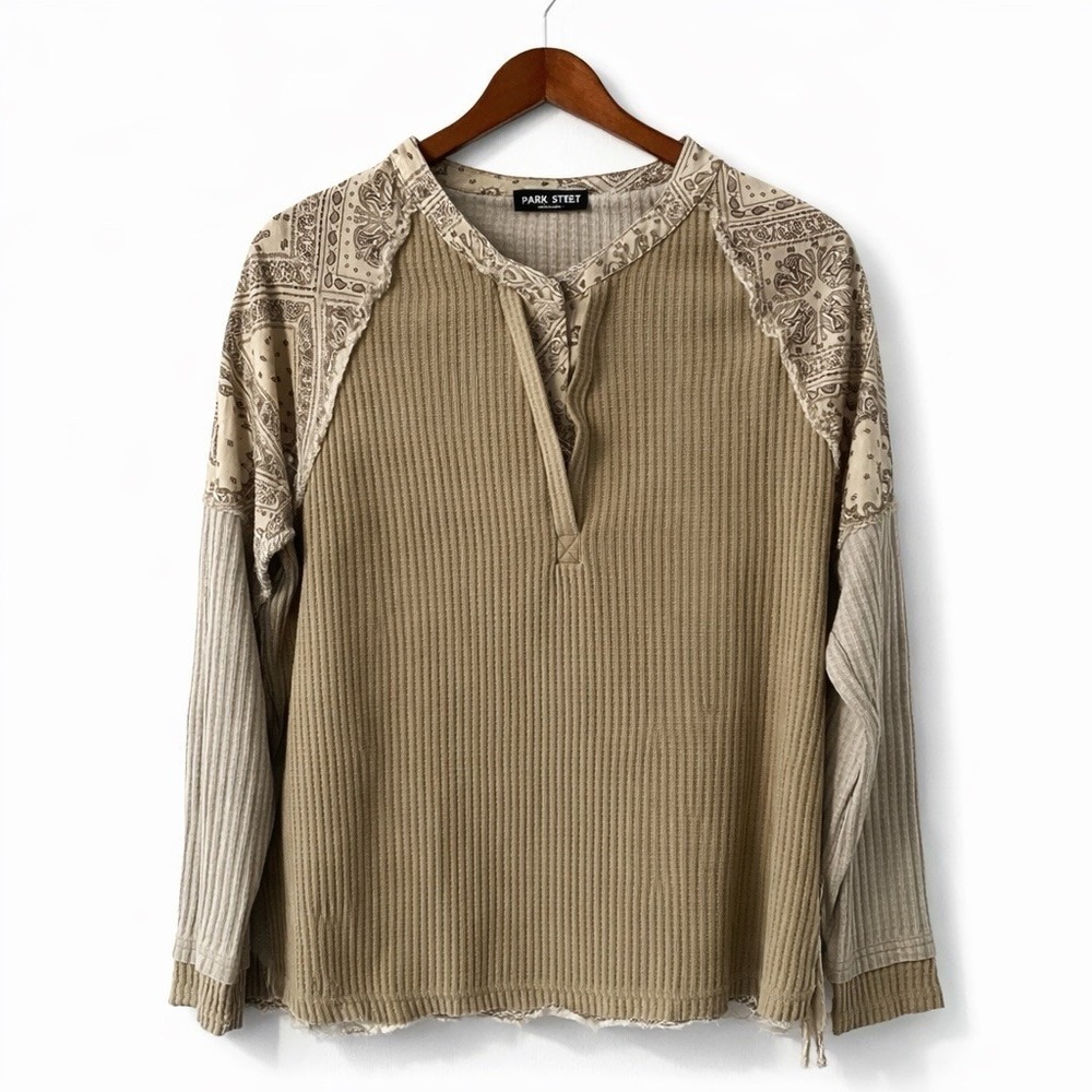 Miss Me Boho Thermal Top Small Paisley Patchwork Waffle Knit Henley Western